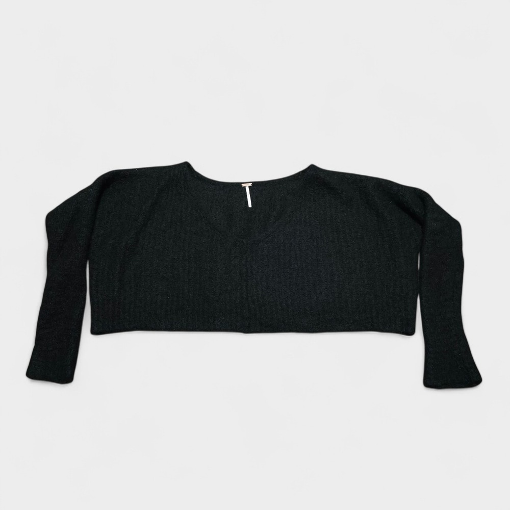 Free People Black Alpaca Blend Scoop Neck Oversized Crop Moonbeam Sweater Sz XS